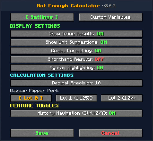 Thumbnail Customize the calculator to fit your workflow. Configure inline search results, unit suggestions, comma formatting, decimal precision, shorthand outputs, SkyBlock Bazaar Flipper perk tax rates etc..!