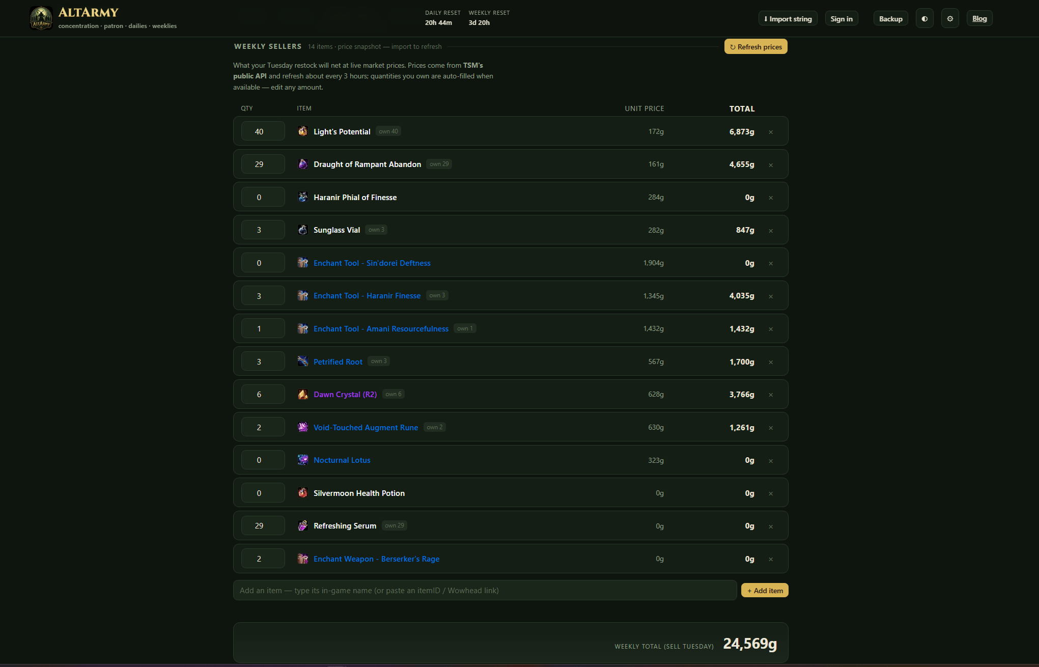 This is where you can add the items you sell the most of and it gives a projection of the total gold you're set to make when you sell them.