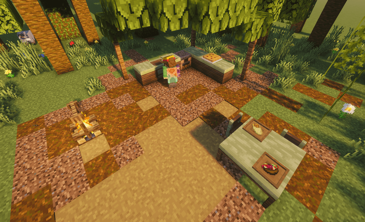 A decorated palm wood cookout area, showing off assorted decoration items within the mod.