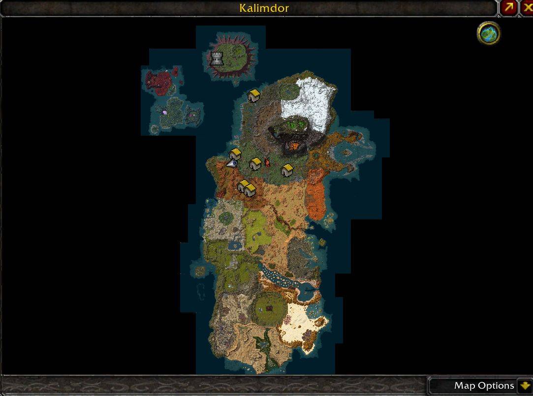 Kalimdor and draenei starting isles layered above default map. Areas where no terrain data can be retrieved from client are marked in black.