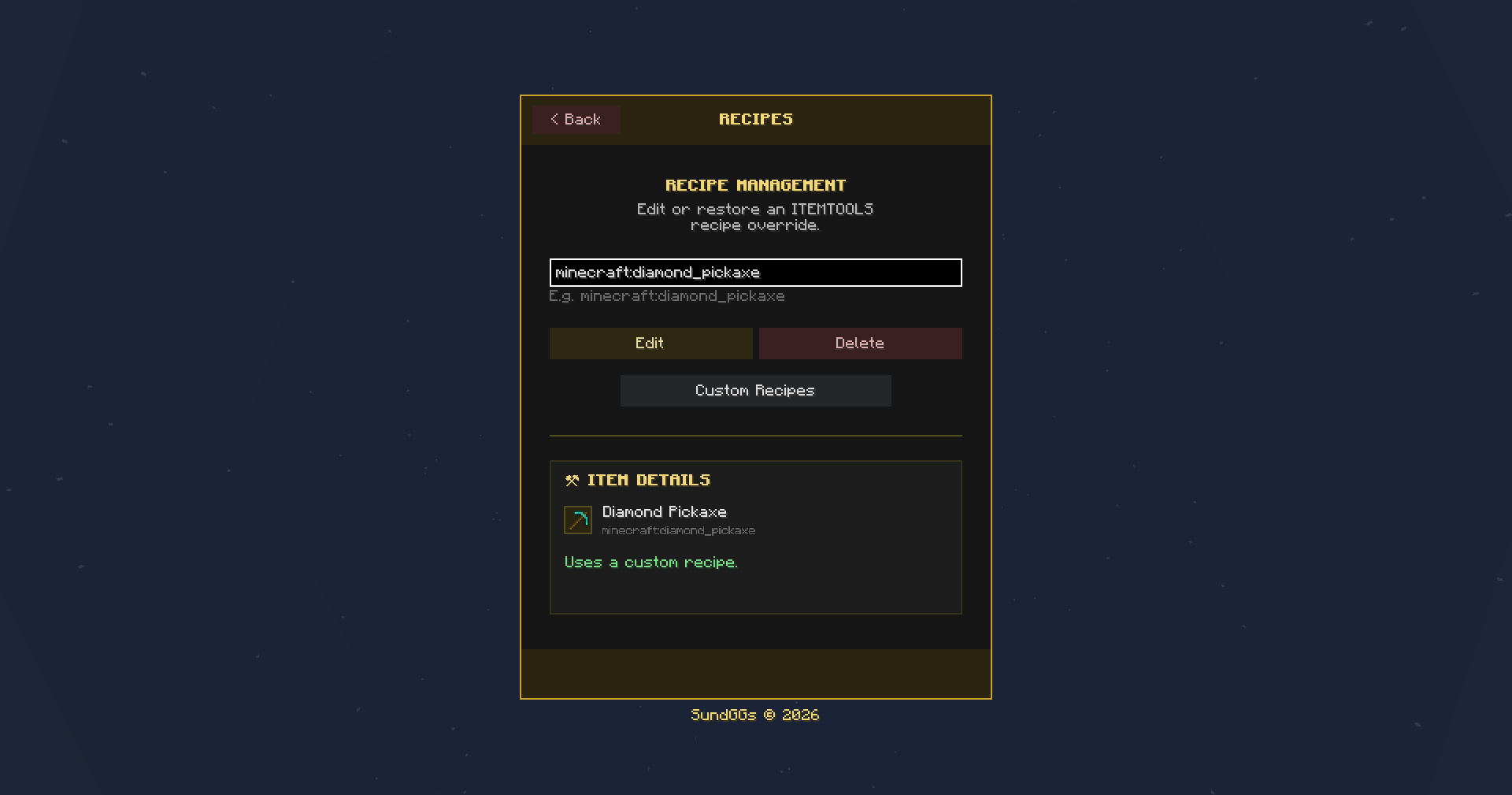 Select an item to view, replace, or customize its crafting recipe.