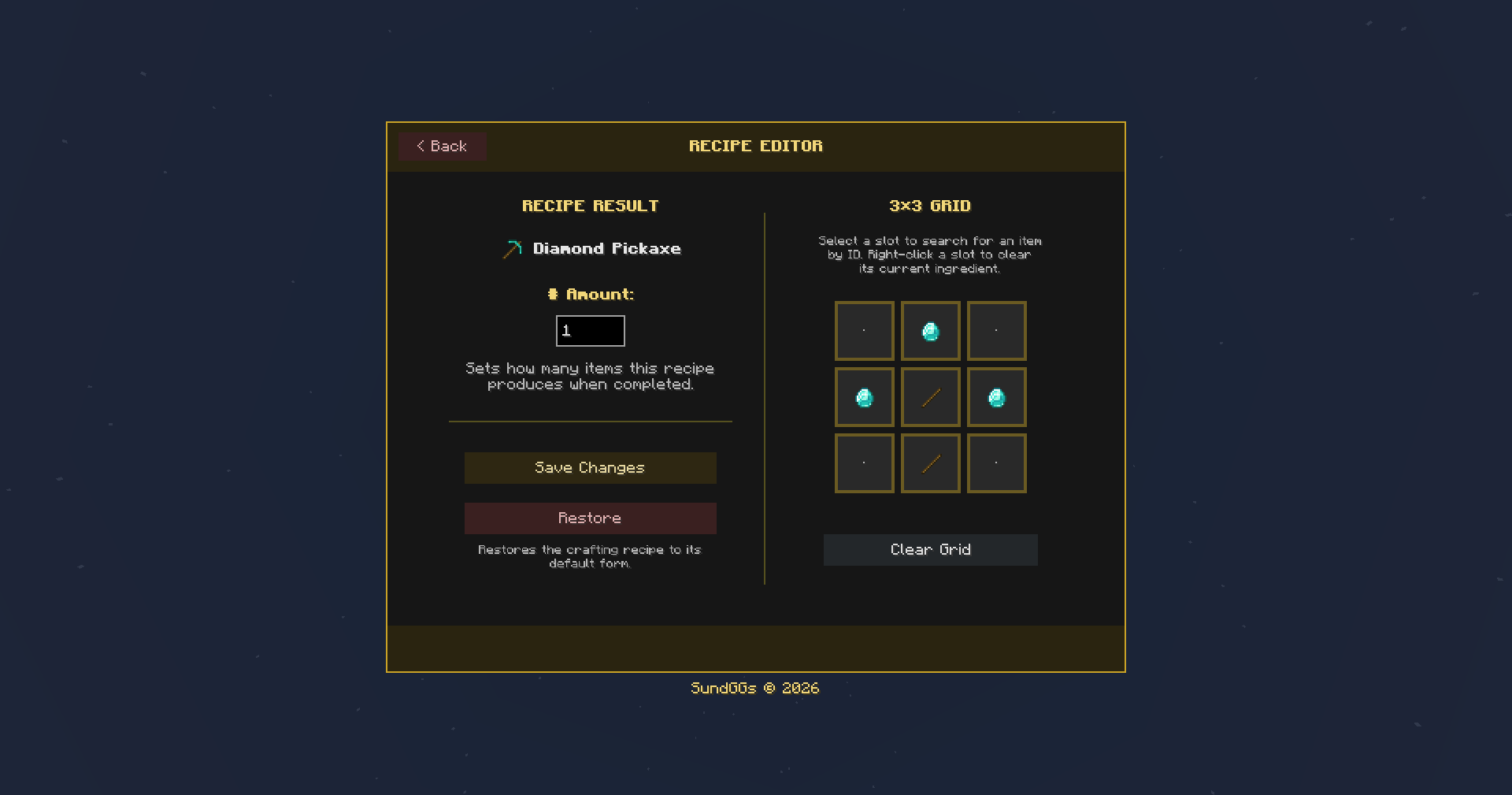 Edit crafting recipes directly in-game by placing the desired ingredients. Currently, only Crafting Table recipes are supported.
