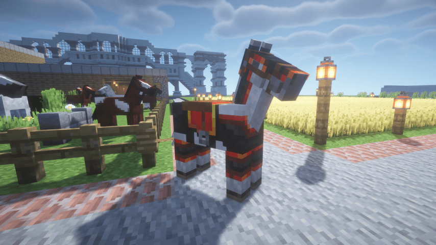 netherite horse armor screenshot.
captured with 'BSL shader' by capttatsu.
based on 1.7.0 version.