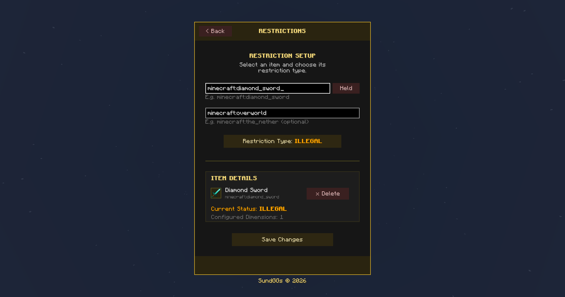 Apply BANNED, ILLEGAL, or RESTRICTED restrictions to items and customize how each restriction behaves in-game.