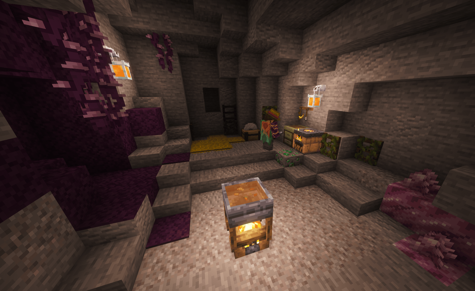 A cave base with an invasion of the end's void moss