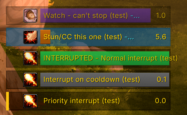 Blue tinted background (a focus target's cast) can be changed to border-coloration. Spells fall into different categories and the addon labels them as such.