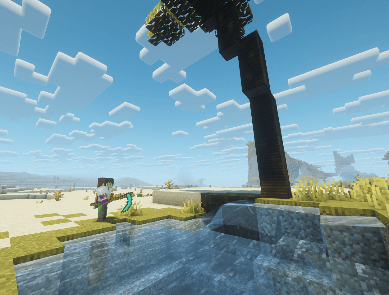 A player holding a diamond scythe while being at a desert oasis