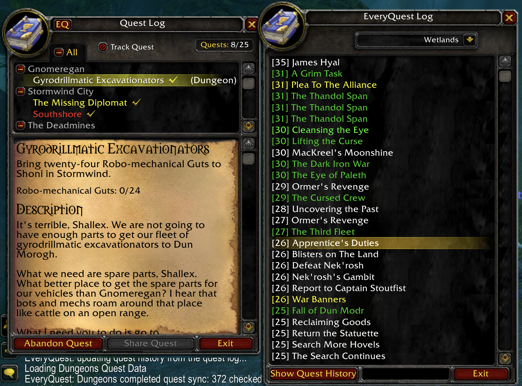 Thumbnail Browse zone quest lists alongside the standard quest log, with completed and active quests highlighted by status.