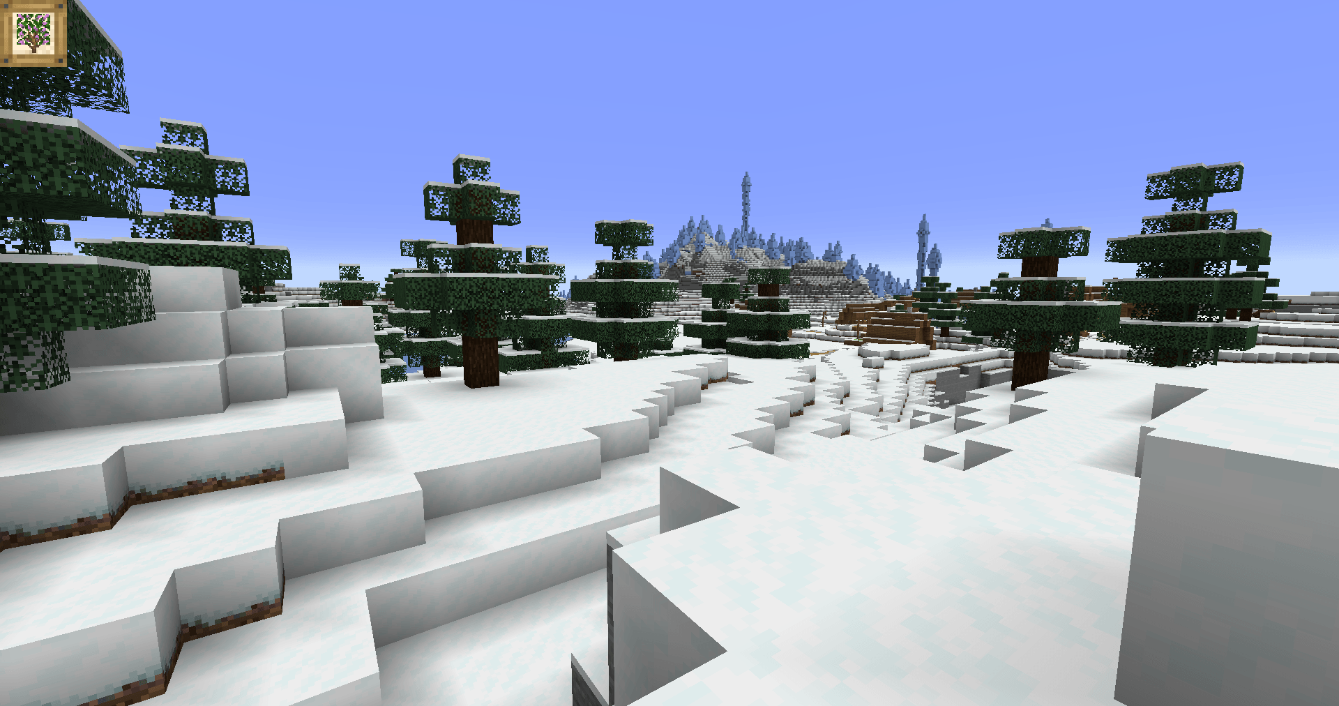 An igloo sits outside of a snowy village, the sparse copses on the snow-blasted plain barely enough to hide it from the weather.