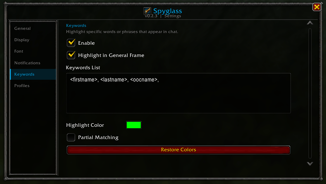 Keywords Tab