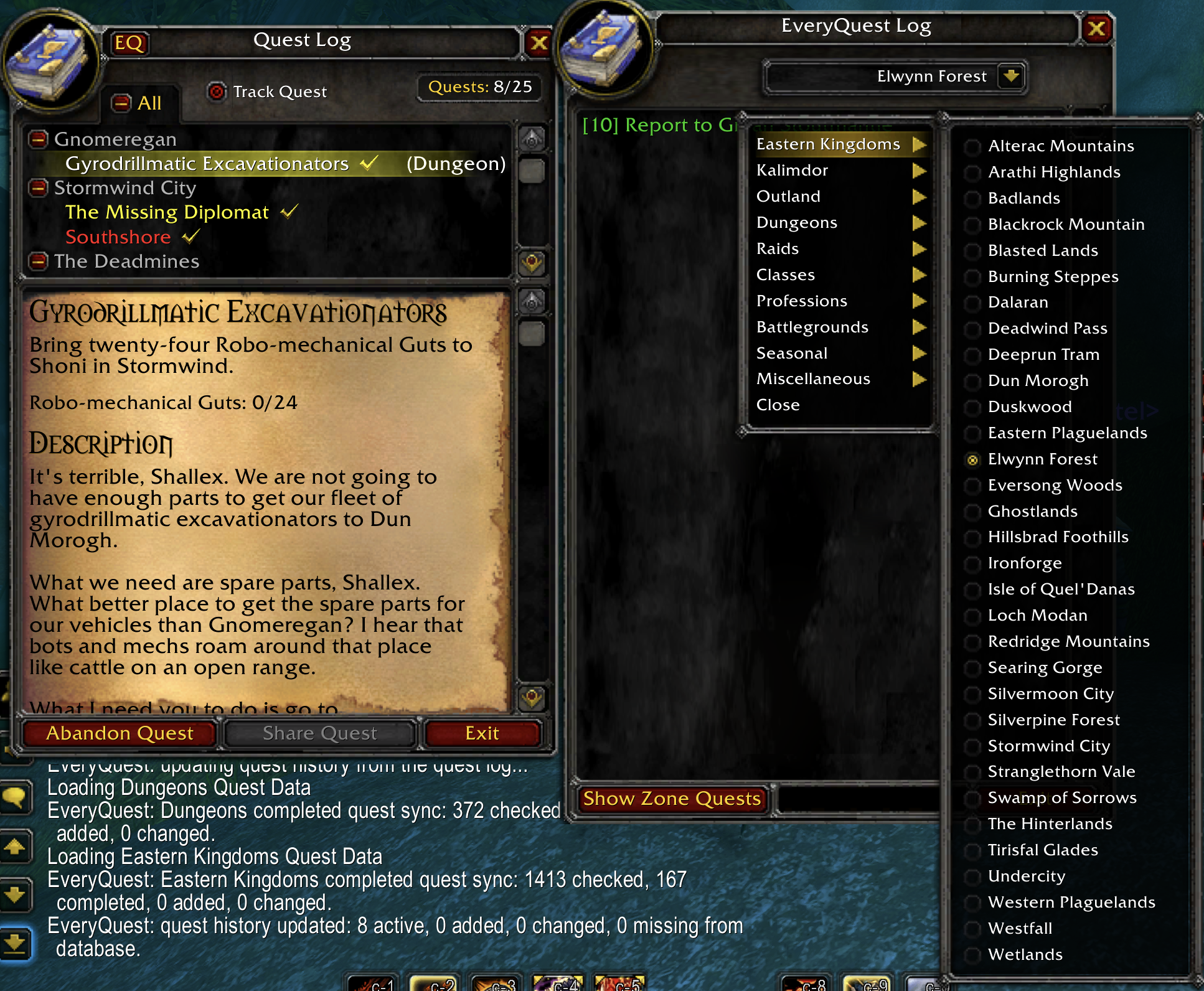 Thumbnail Use category and zone selectors to quickly switch between Eastern Kingdoms, Kalimdor, Outland, dungeons, raids, classes, professions, battlegrounds, seasonal, and miscellaneous quest lists.