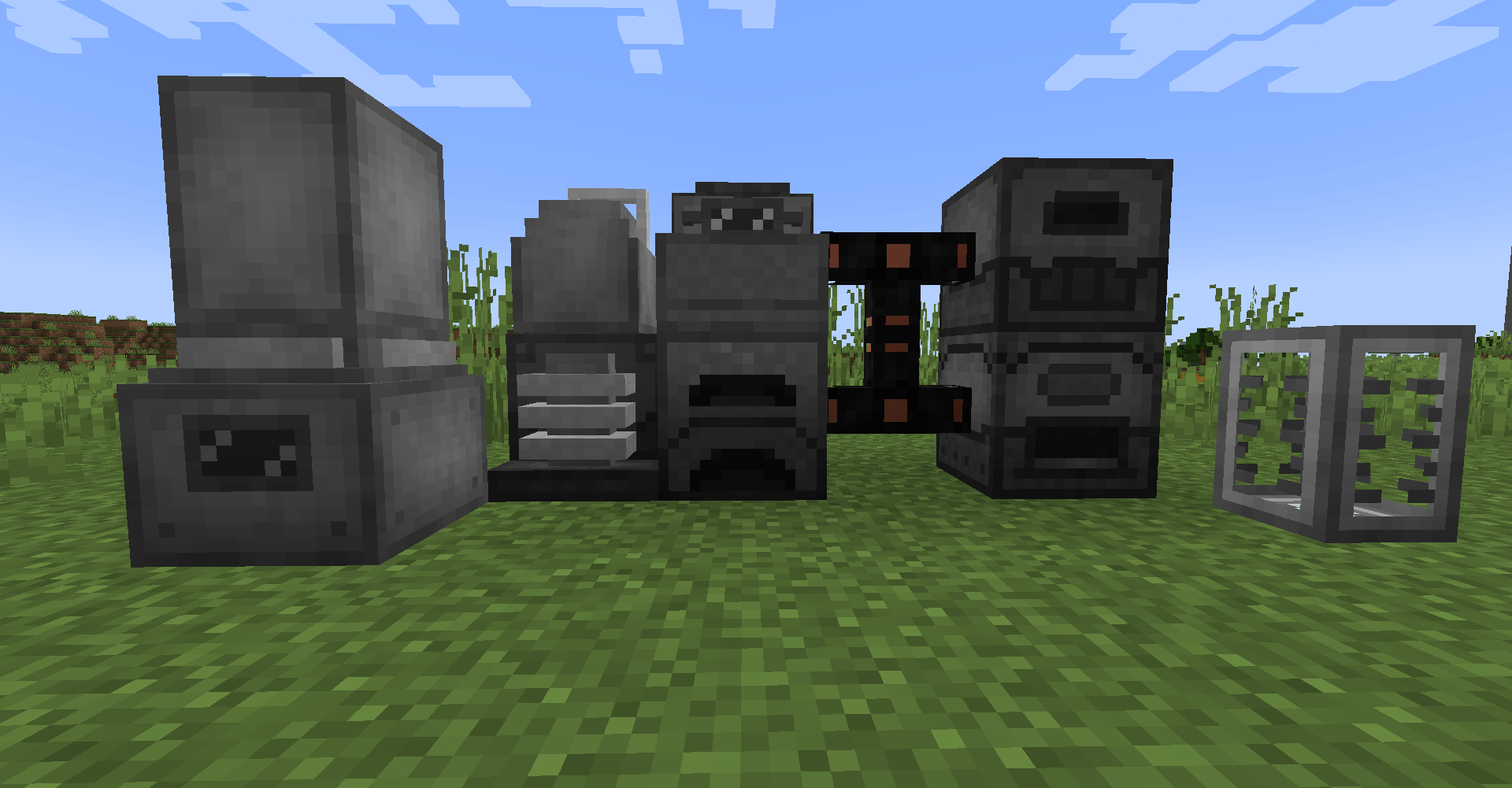 6 available devices with column: a generator (center), a crusher (to the right of the cable), an electric furnace (above the crusher), a mechanical sinterer (to the left of the generator), a fluid tank (to the right of the crusher), an electrolyzer.