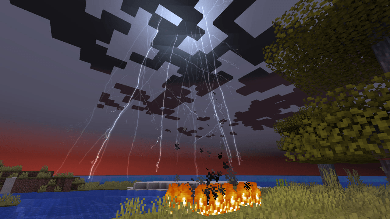 Procedural Minecraft lightning with branching and impact effects