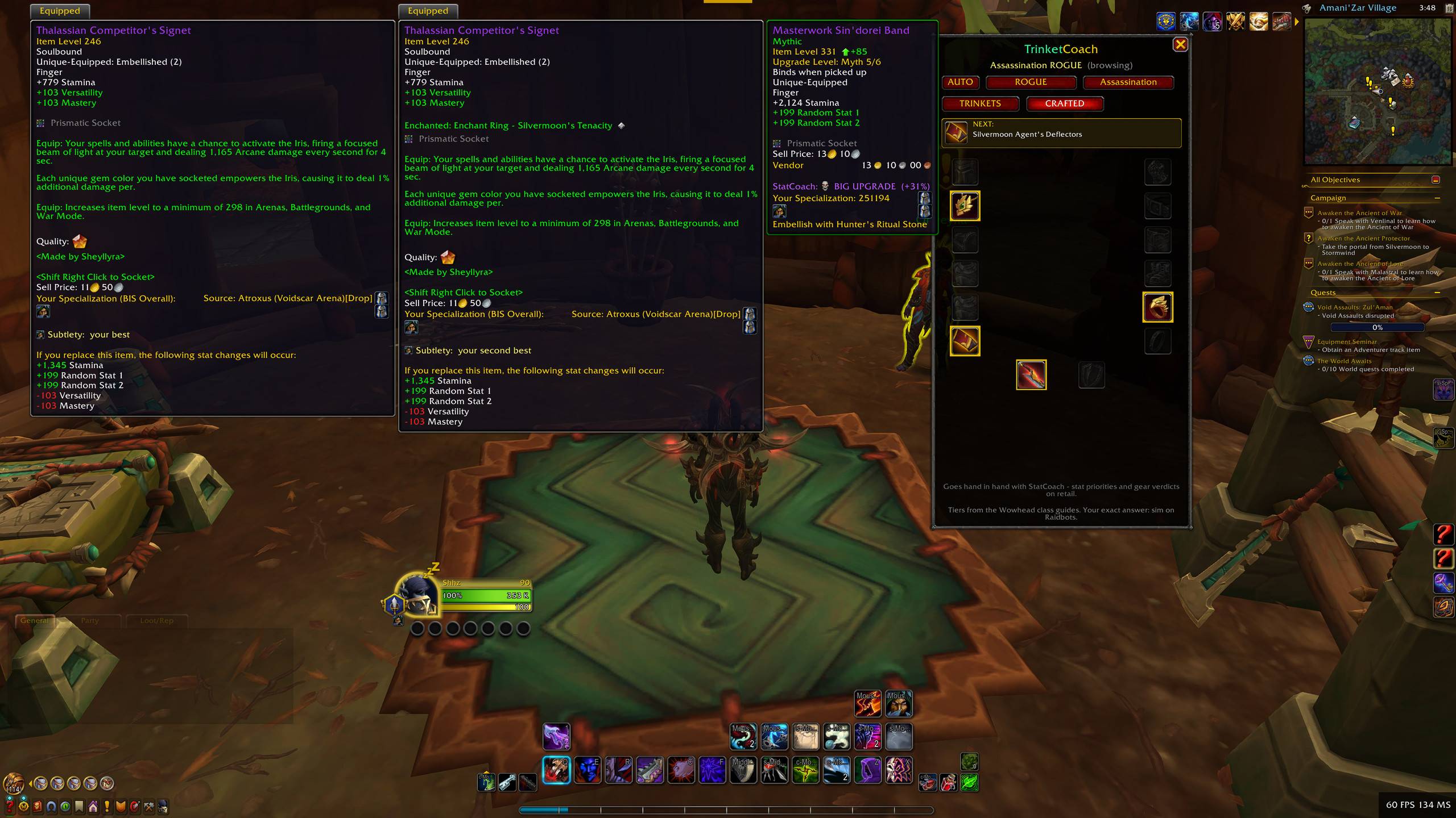 Tooltips in TrinketCoach show the item as it will actually be, not the base template - here a crafted dagger at 331 instead of 44, with the stats and upgrade track to match.
