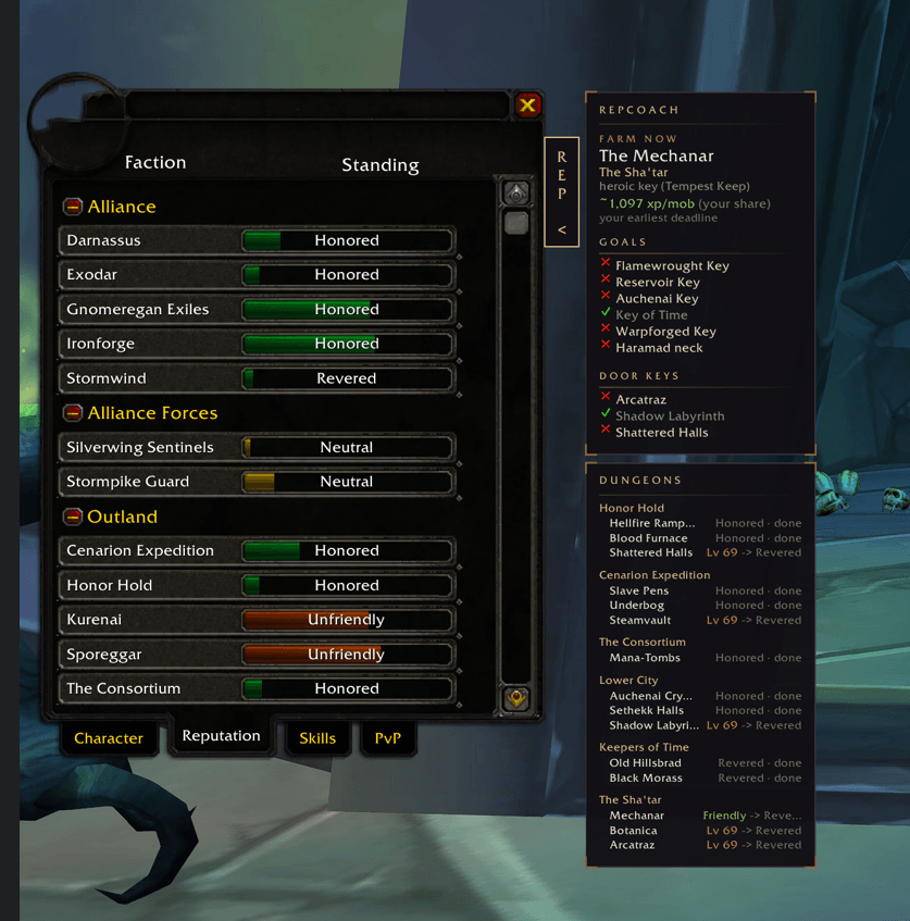 RepCoach lives in the Reputation tab and names one dungeon: the Steamvault, because Cenarion Expedition owes you a heroic key and its XP window closes first. The line below is the part most tools leave out — Shattered Halls is faster XP right now.