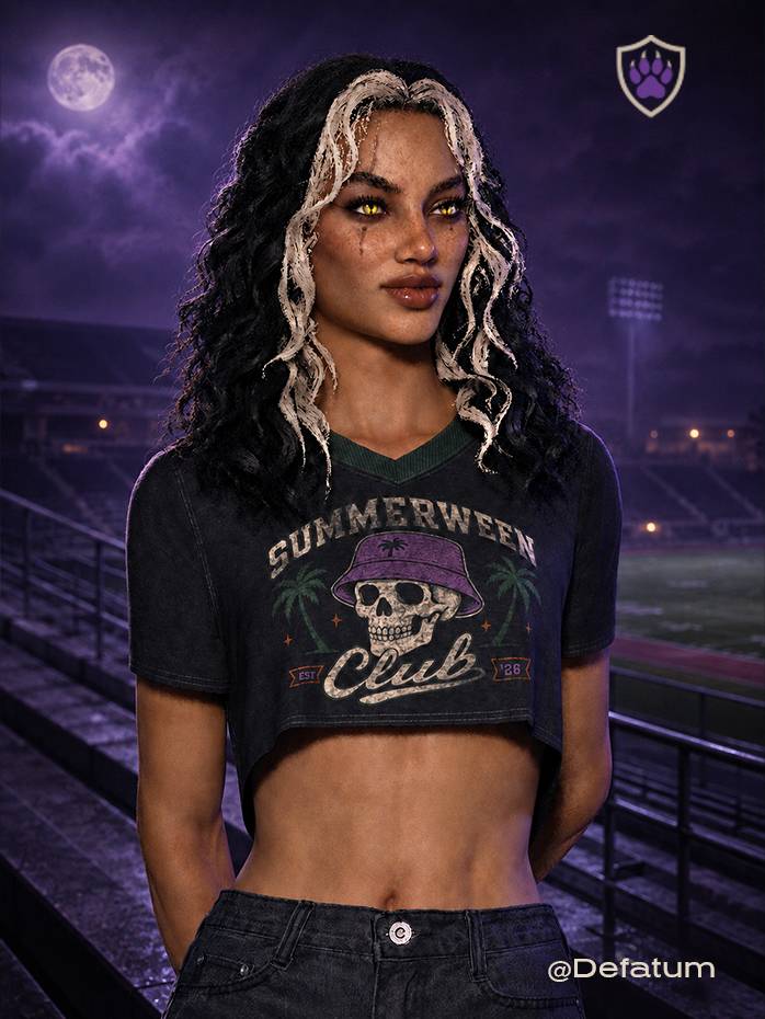 The SUMMERWEEN CLUB crop top from the Summerween ’26 Special Edition. Washed black V-neck top with forest-green trim, a distressed skull-and-palm emblem, a violet bucket hat, and pumpkin-orange “EST ’26” details.
