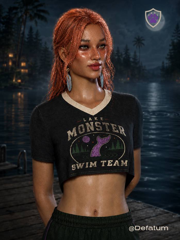 The LAKE MONSTER SWIM TEAM crop top from the Summerween ’26 Special Edition. Washed black V-neck top with cream trim, distressed collegiate lettering, an evergreen shoreline, a dusty-violet monster tail, and pumpkin-orange star accents.