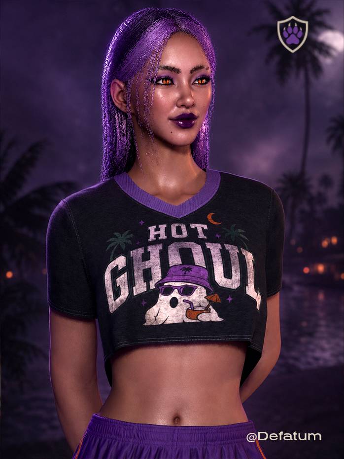 The HOT GHOUL crop top from the Summerween ’26 Special Edition. Black V-neck top with violet trim, distressed lettering, and a tropical ghost in a violet bucket hat and sunglasses, framed by palm trees, a crescent moon, and a tropical drink.