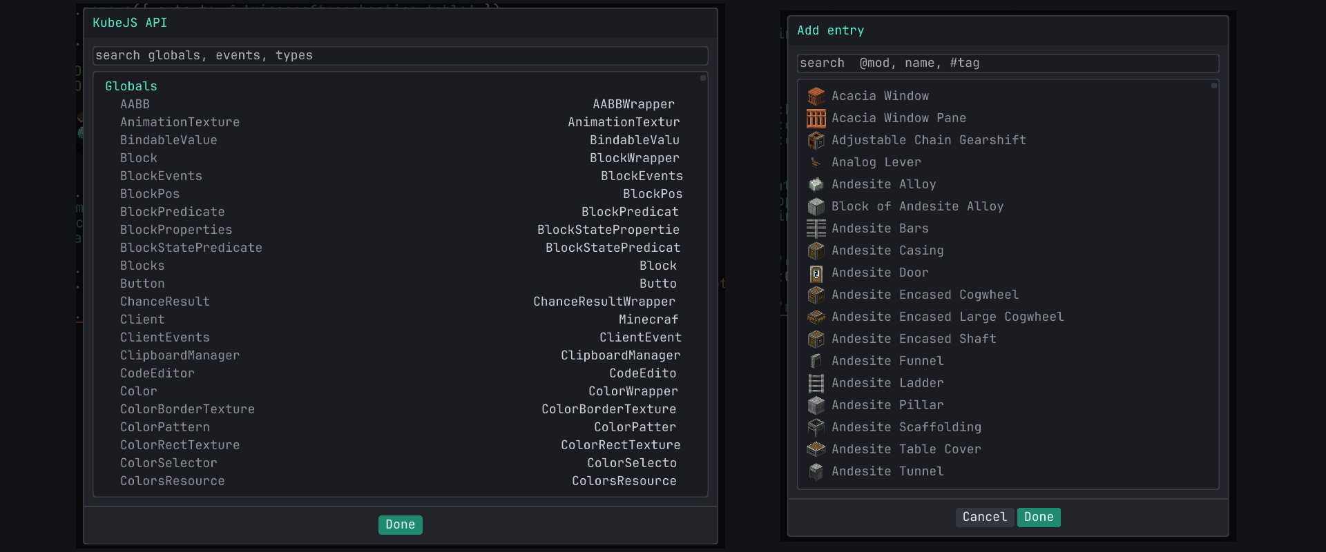 API browser and item picker