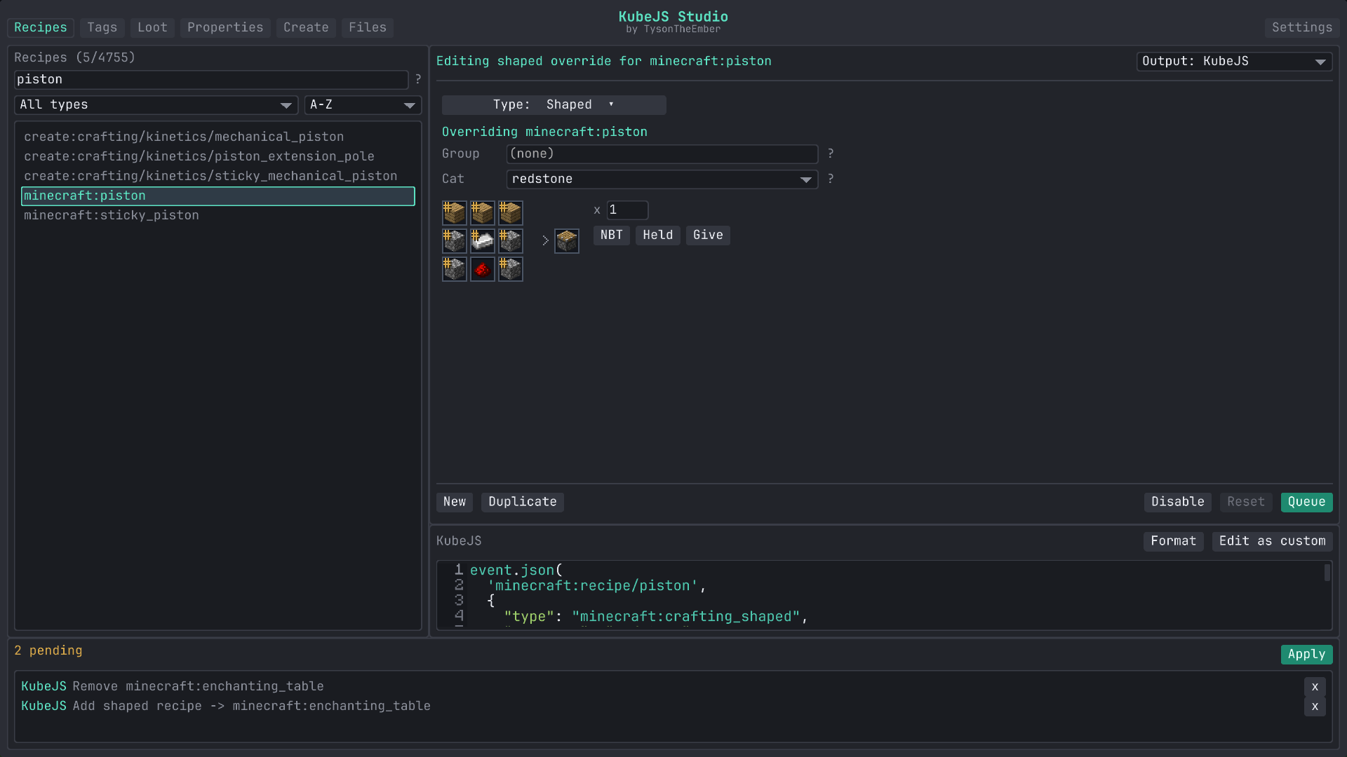Recipes tab