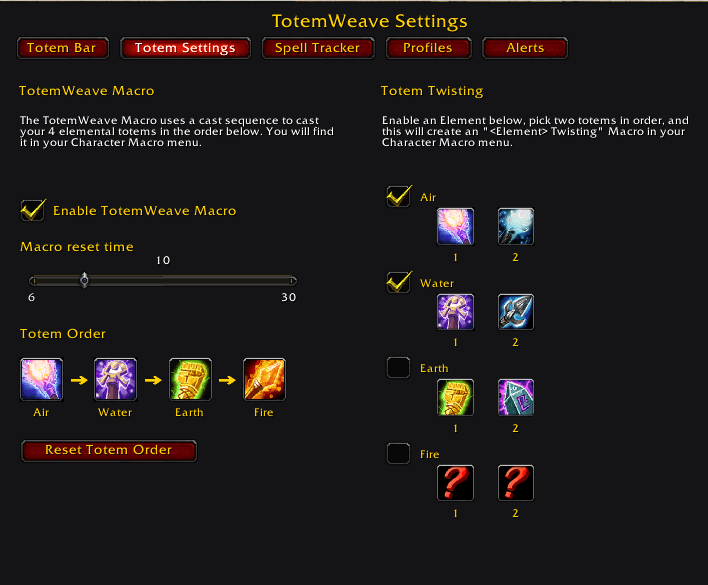Customizable totem macros for casting your 4 elemental totems in a row as well as auto macro creation for totem twisting/weaving.