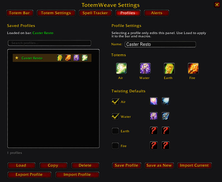 Save your favorite totem load outs and twisting macros which can then be loaded quickly from the mini-map button.