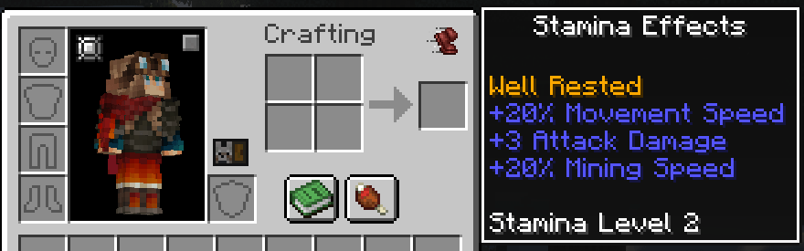 View your Stamina Effects based on your current Stamina and your Stamina Level by hovering over the icon on the top right of your inventory