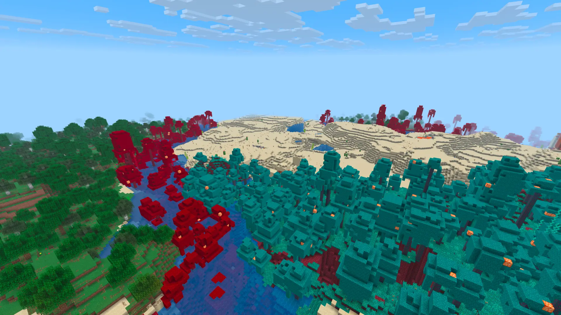 Thumbnail Disabled savanna (automatically replaced by closest similar biome, which is desert), plains biome replaced by warped forests and river biome replaced by crimson forest