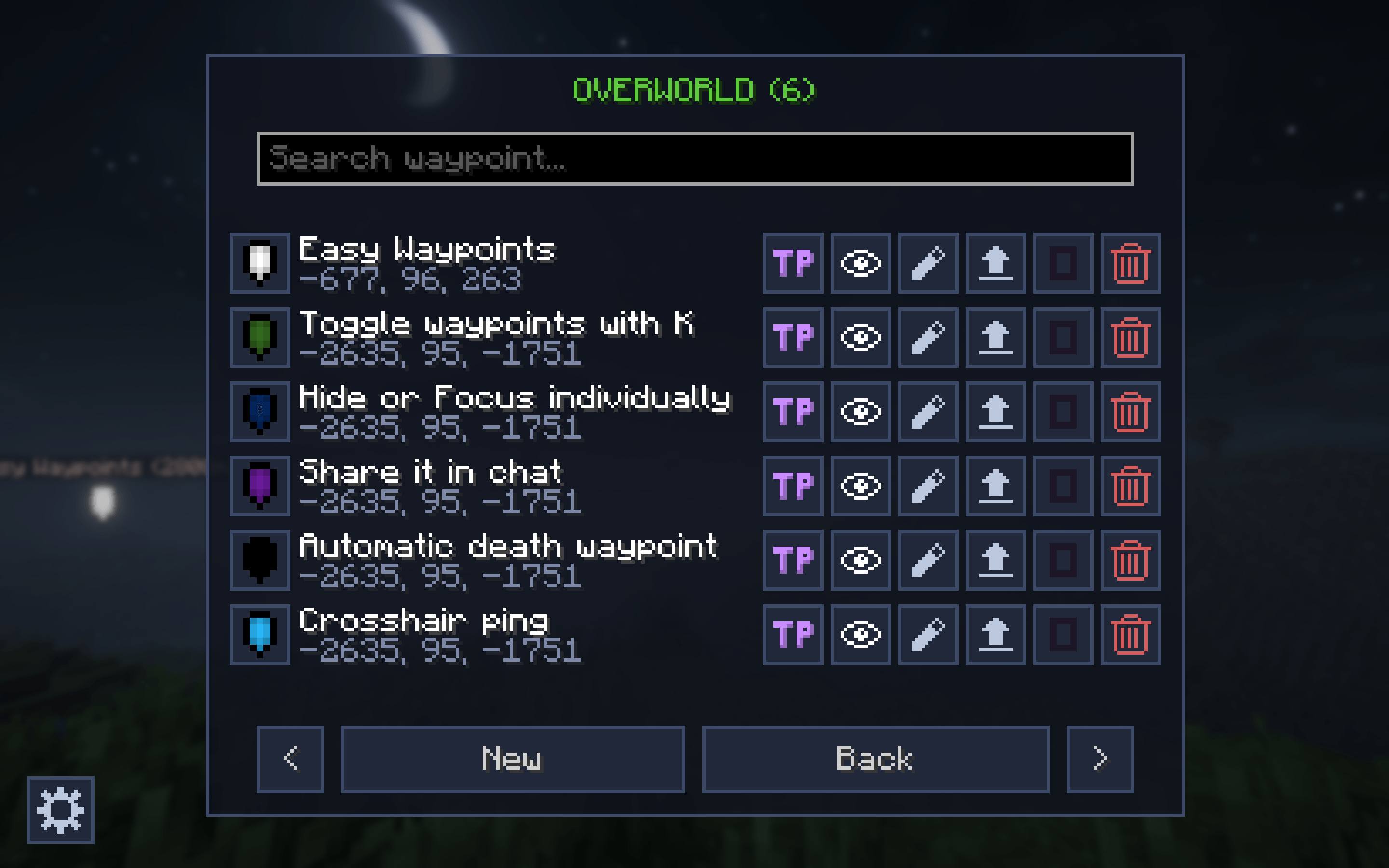 Manage everything in a clean menu separated by dimensions to easily search, focus, toggle visibility, edit, share in chat, or teleport to your waypoints (only visible with cheats enabled), with the added option to share waypoints between dimensions.