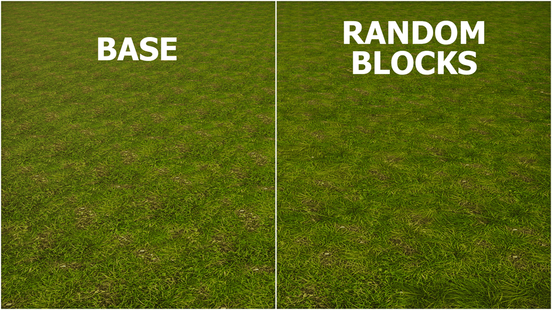 A direct comparison showing how OdarIs Random Blocks reduces visible texture repetition across large grass surfaces.