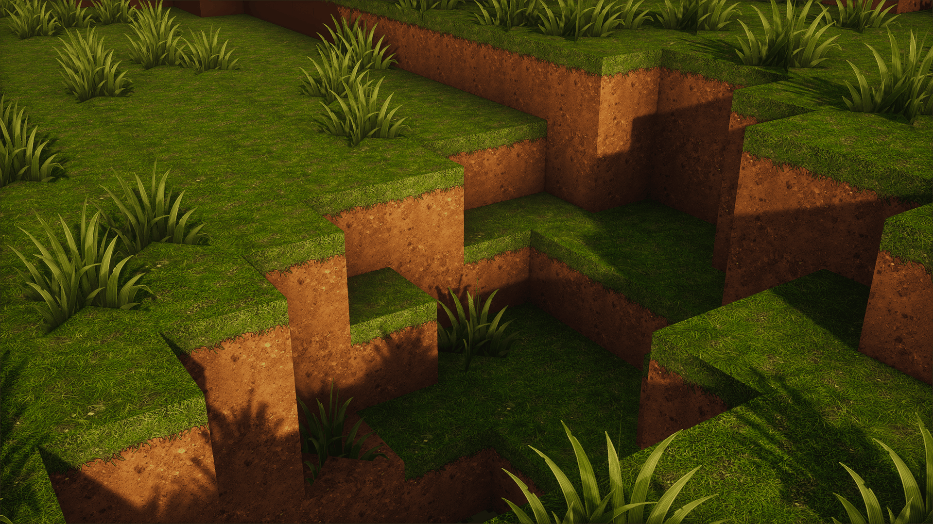Randomized grass variants blending naturally across uneven terrain.