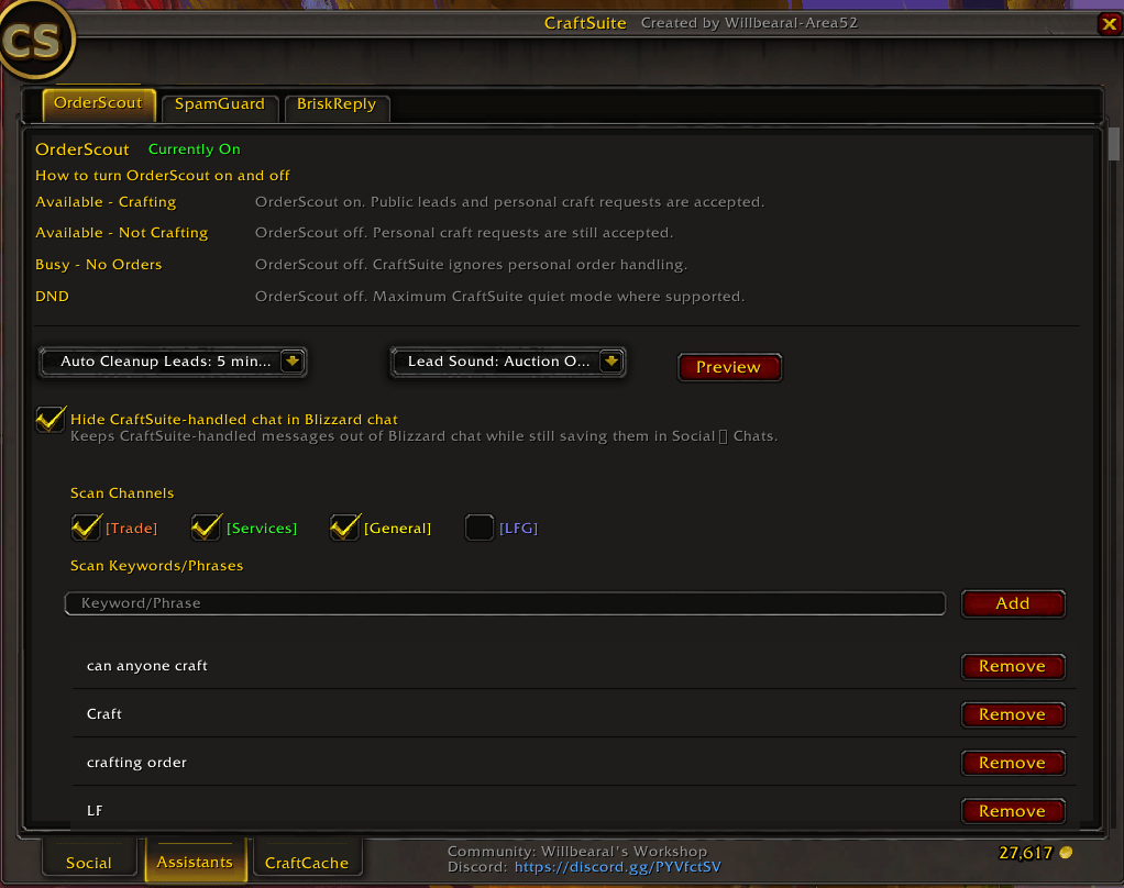OrderScout Lead Settings Page - Set your keywords and channels, watch for these words, get a 'lead' - make gold!