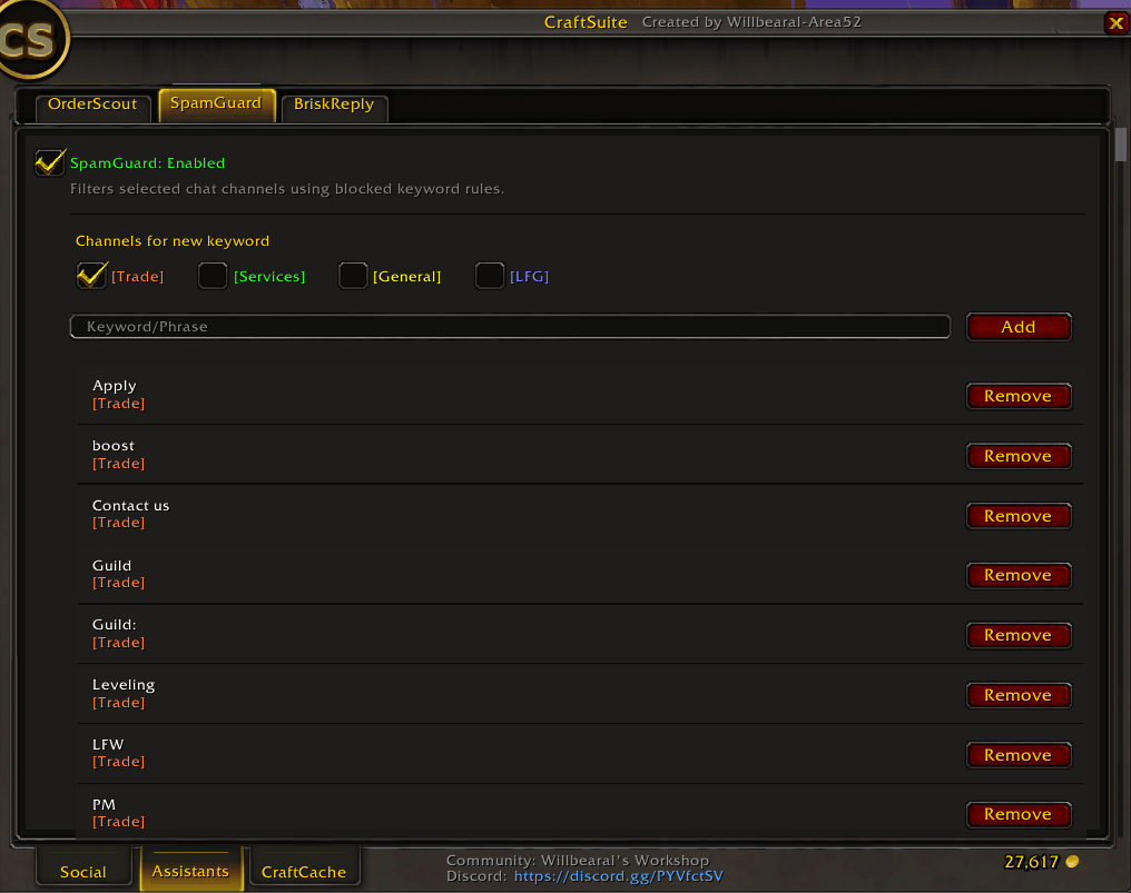 Set your keywords and watched channels, eliminate that spam so you can see who needs your help crafting!