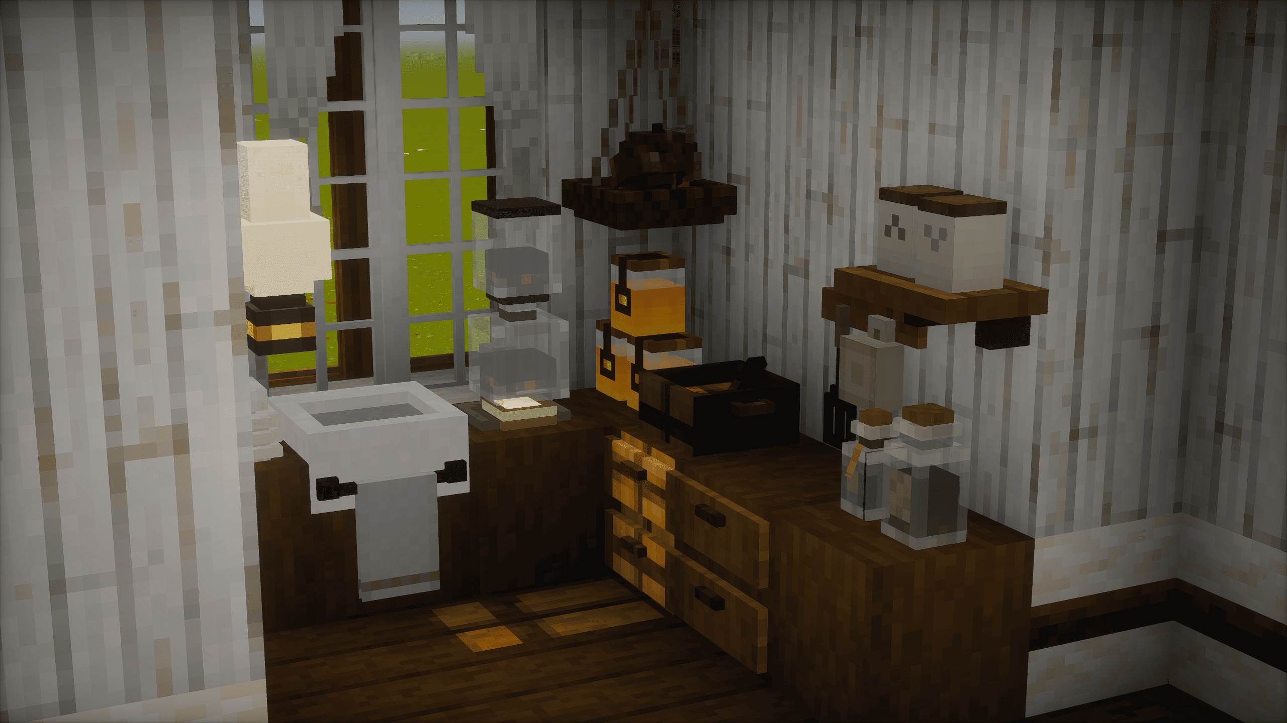 Counters, cabinets, sinks and lamps from Mizuno's 16 Craft — placed as real blocks, no item frames involved.