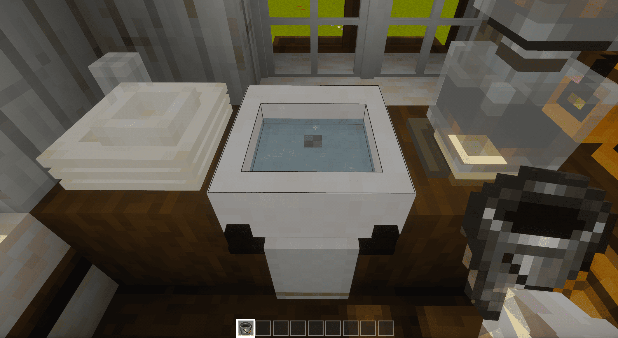 Pour water in with a bucket, scoop it back out — three levels. Deep sinks counter-sink into the countertop.