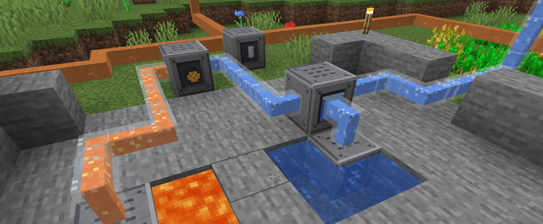 To power our farming equipment, set up a Steam Generator that takes lava and water (from buckets or from a pump).