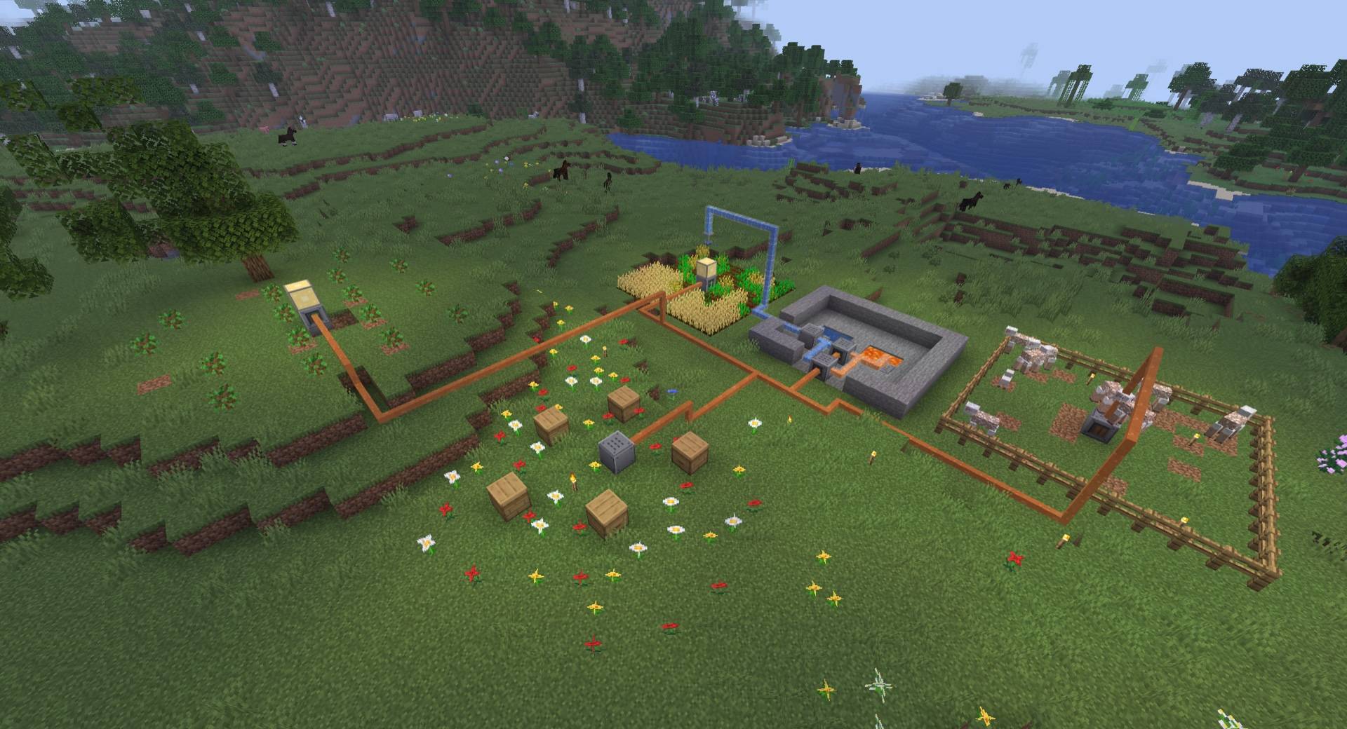 A complete set up using a steam generator to power an auto-harvest farm, auto-harvest bee hives, and ranch taking care of animals, and a lumber station that plants and harvests trees.