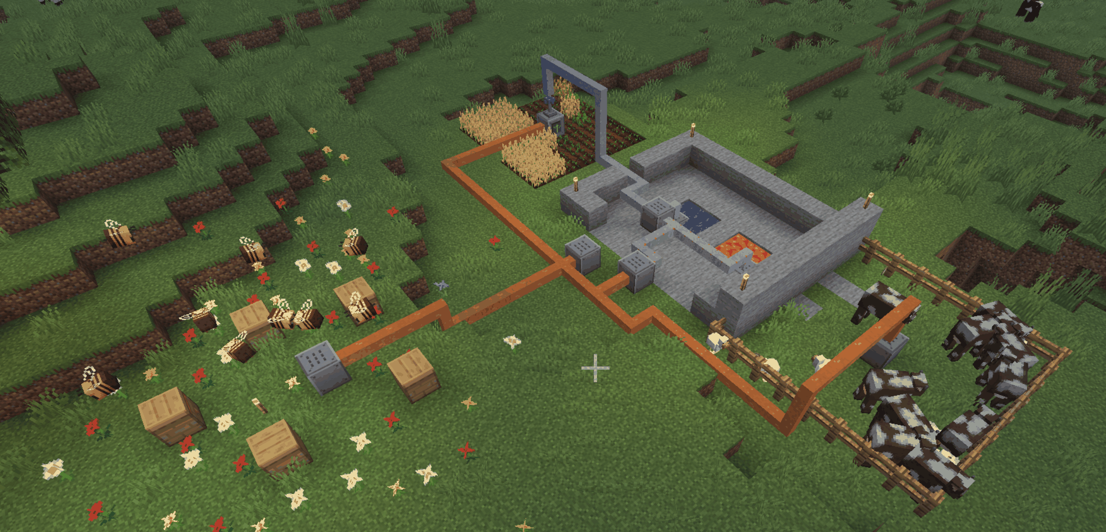 A complete set up using a steam generator to power an auto-harvest farm, auto-harvest bee hives, and ranch taking care of animals.