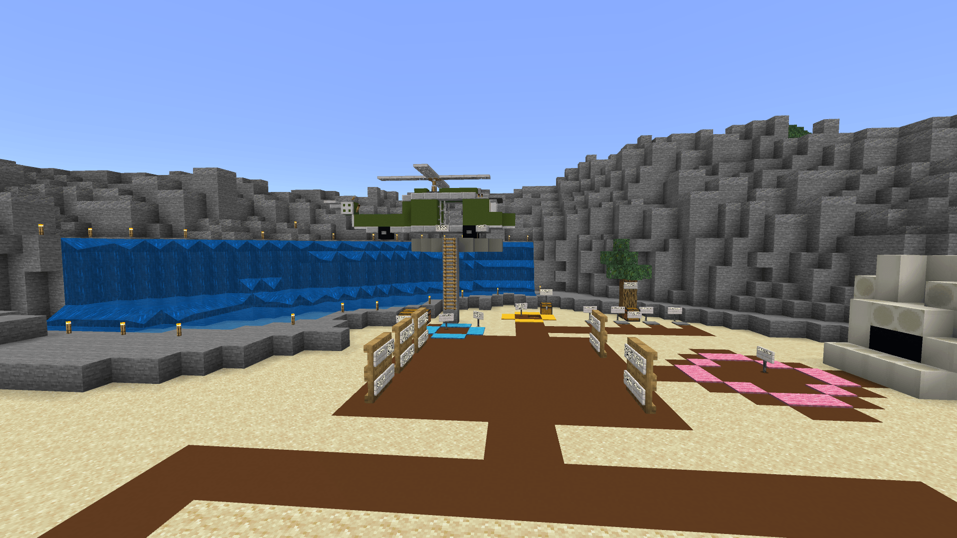 Explore the quarry and discover the helicopter that takes you on your next adventure.