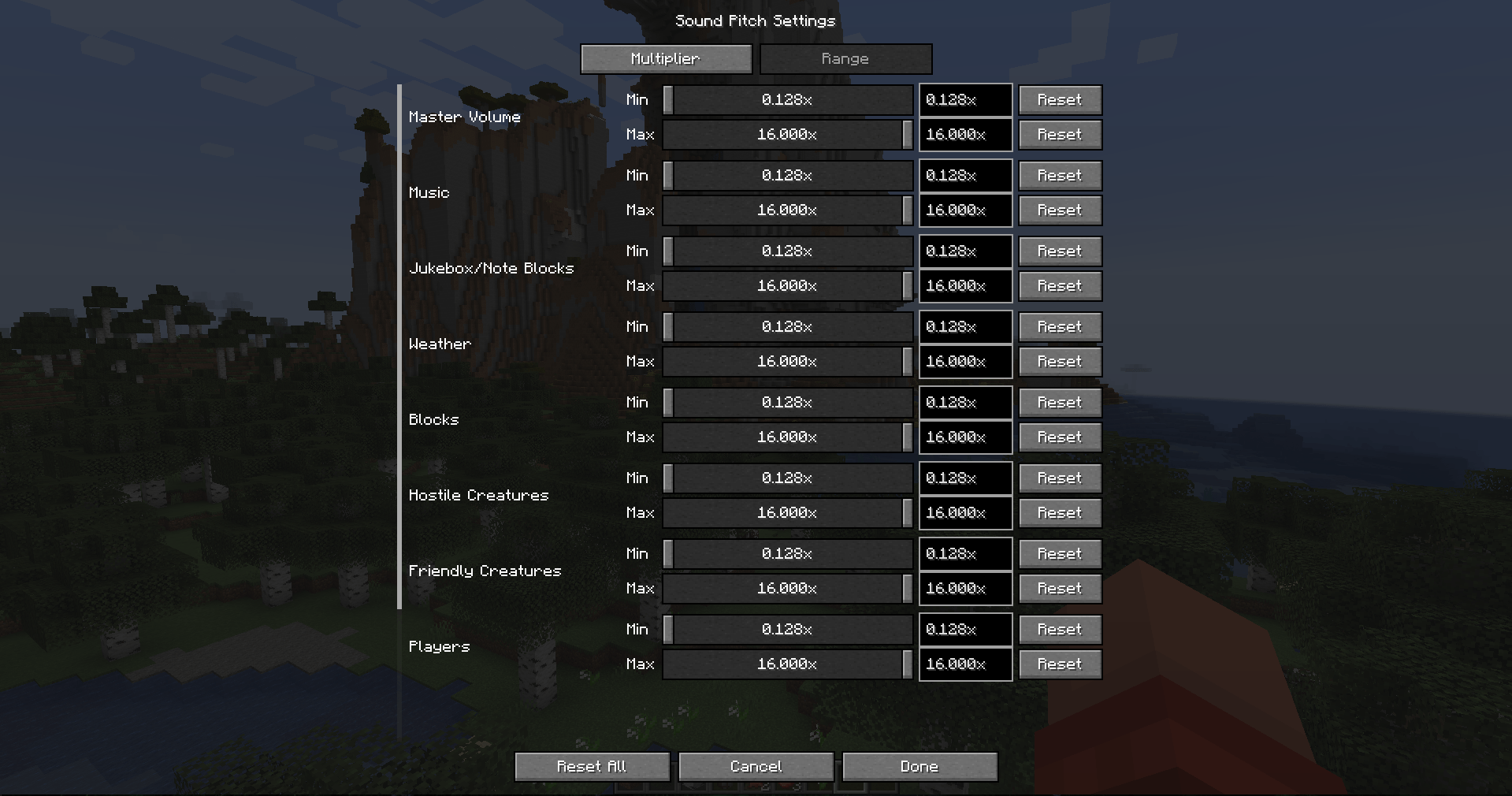 range configuration menu