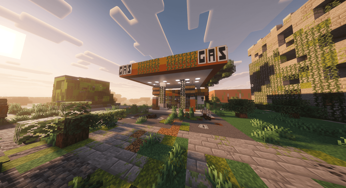 in-game photo of a gas station with complementary shaders