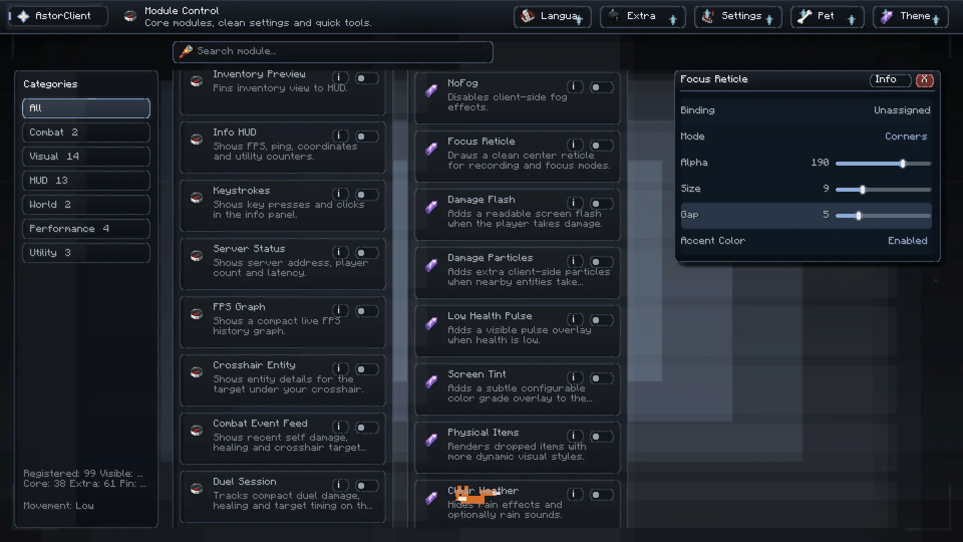 AstorClient module control and Focus Reticle settings