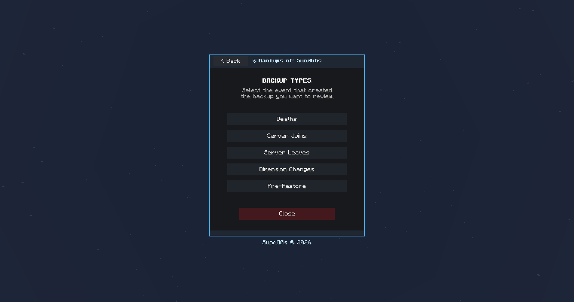 Browse backups by event type, including deaths, server joins or leaves, dimension changes, and pre-restore snapshots.