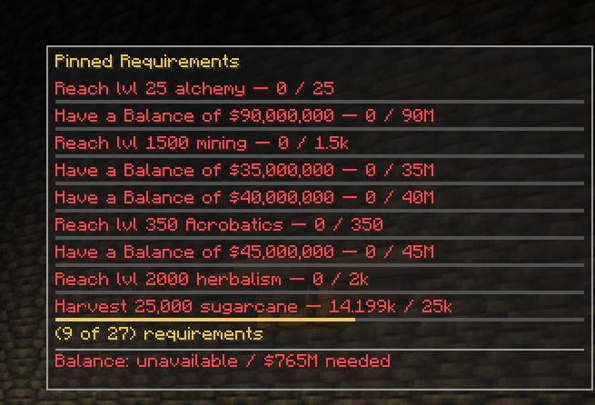 Pinned Requirements shown at all times in game, with adjustable size, and opacity.