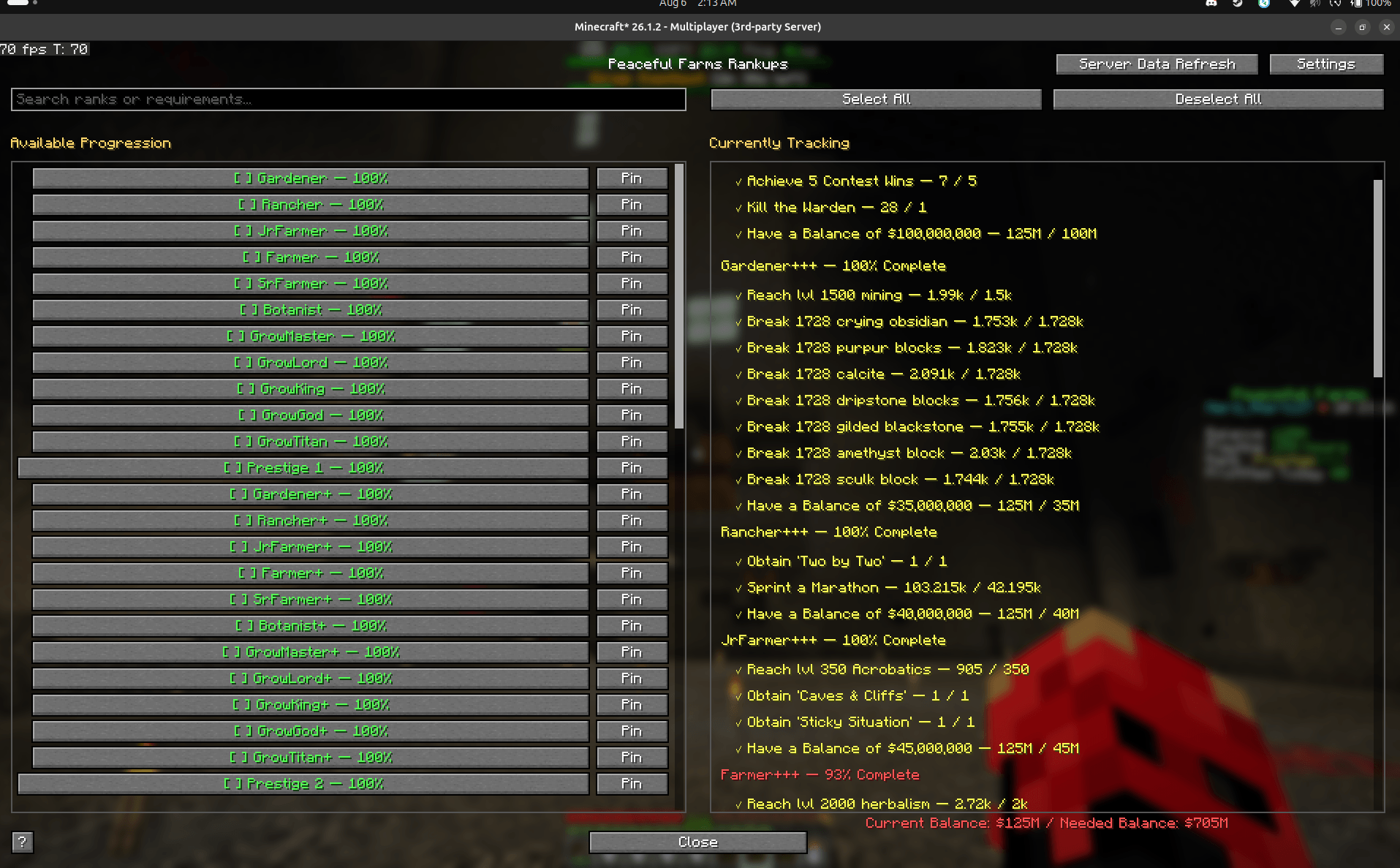 Here is a player with the player data updated and many requirements completed!
