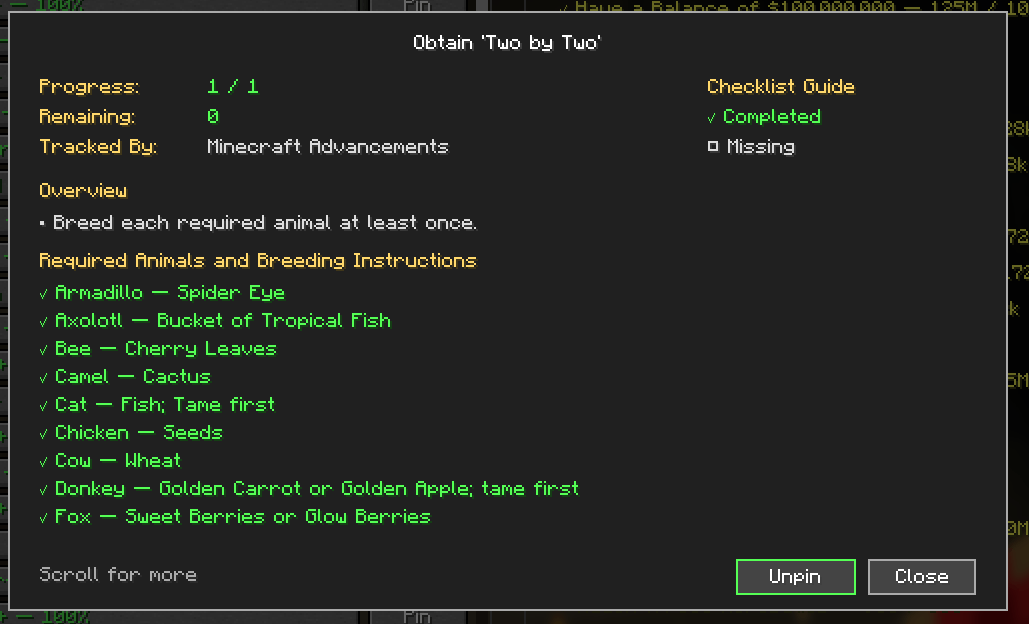 Here is an example Image of more details of a requirement when you click it, the example shown of Two by Two advancement live tracks each animal you tamed so you dont have to keep track!