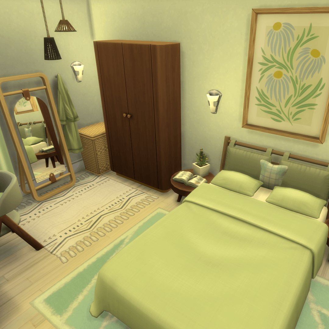 overview of the bed and dressing area with a standing mirror, wardrobe and a soft rug and bathrobe to keep warm!