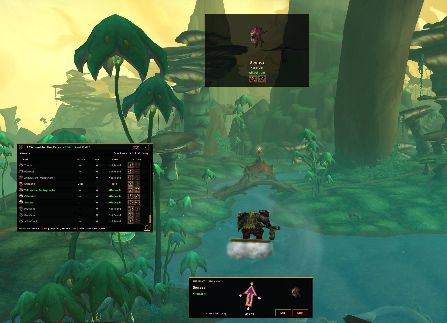 PSW Hunt for the Rares v0.15.0 in Harandar, showing the Full Tracker, active Hunt Mode navigation and a live Rare Alert for Serrasa.