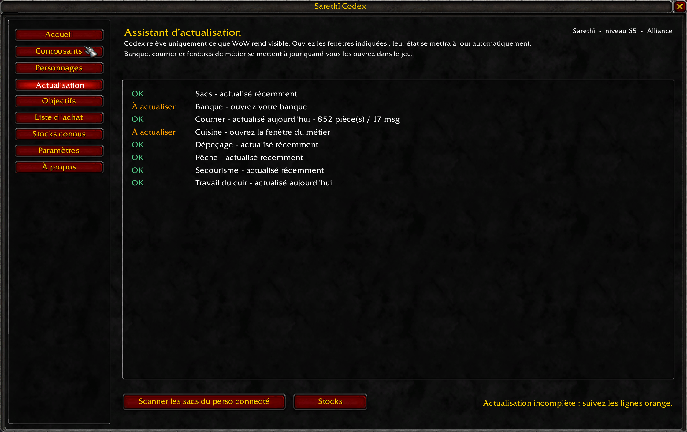 Thumbnail Le status d'actualisation sur votre personnage