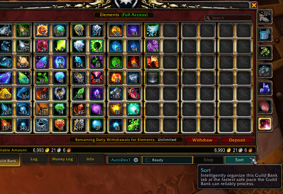 AutoDexT Ready to Sort a Guild Bank Tab